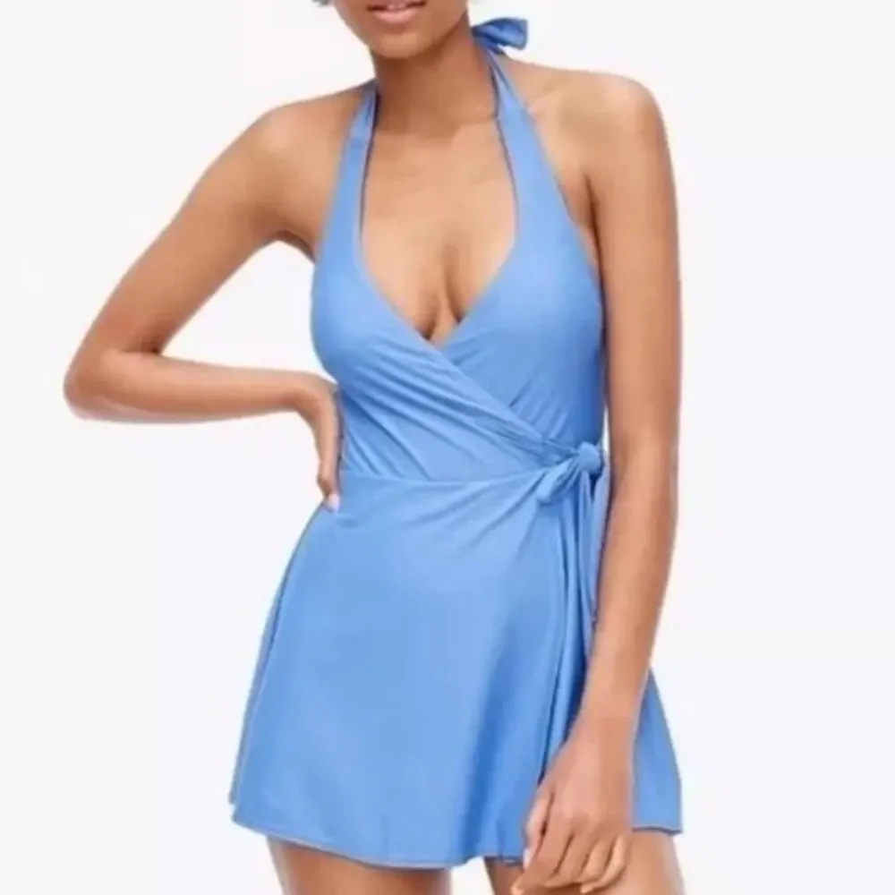 J Crew 6 Womens Halter Wrap Swim Dress Sail Blue Lined Padded Resort Pool